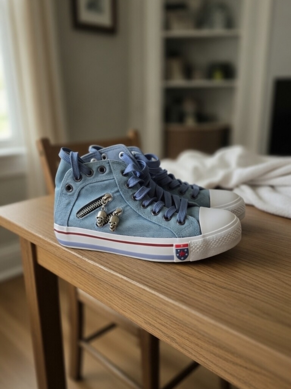 Women's Size 39 (US 6.5-7) GUOAN STAR Blue Denim Skull High Top Sneakers - Clean